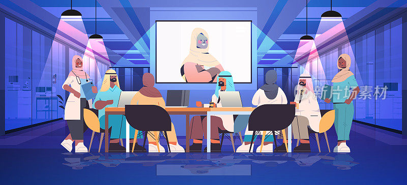 阿拉伯商人进行在线会议，商人与女商人在视频通话中进行讨论