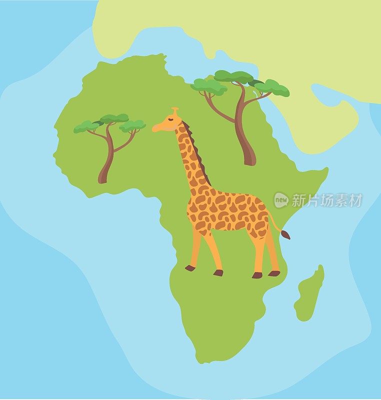 卡通手绘图解非洲地图与长颈鹿和金合欢树马达加斯加岛。在彩色背景。矢量插图。