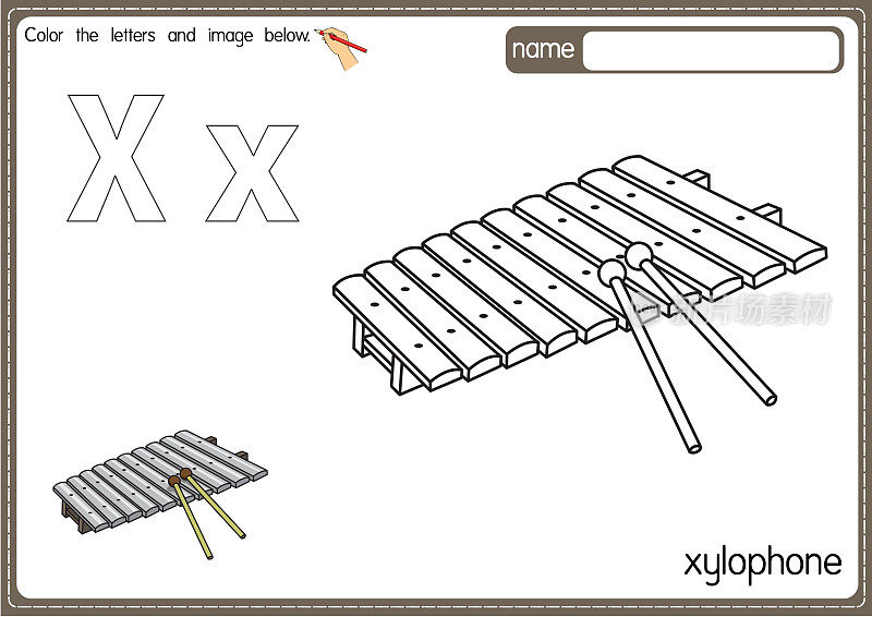 矢量插图的儿童字母着色书页与概述剪贴画，以颜色。字母X代表木琴。
