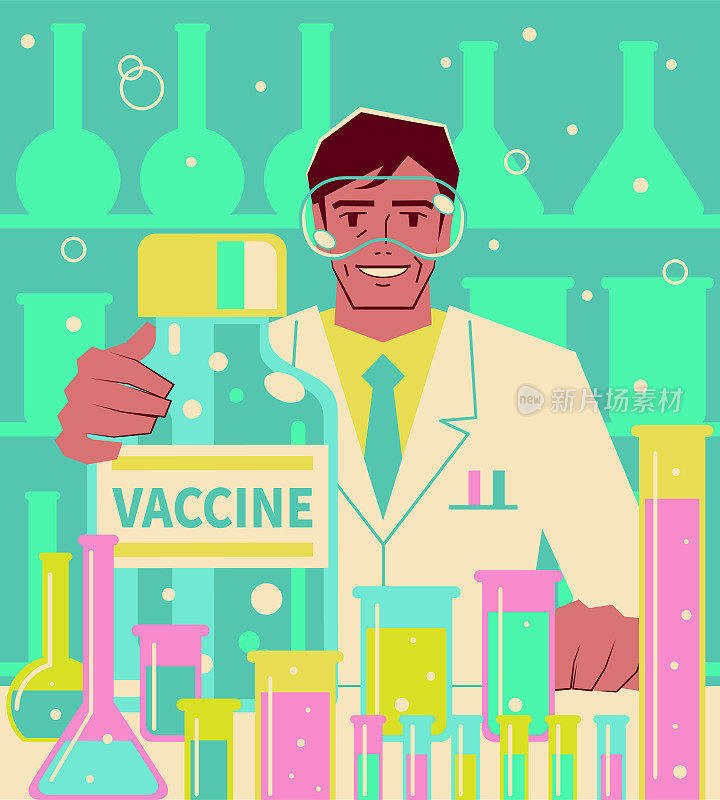 自信成熟的科学家(药剂师、医生、生化学家)在实验室开发大型COVID-19疫苗(或流感疫苗)