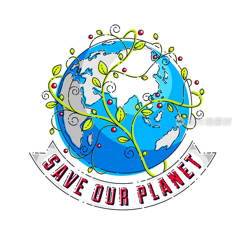 拯救我们的星球概念，生态生态，地球气候变化，地球日4月22日，星球与丝带和打字和花卉叶子绿色生长，矢量标志或插图孤立在白色。