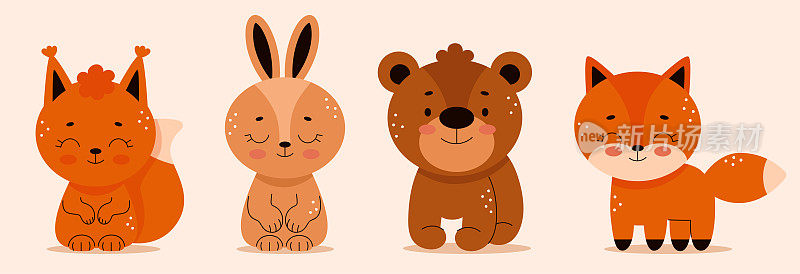 森林动物在卡通风格，刺猬，熊，野兔，狐狸，海狸，熊，猫头鹰。林地。可爱的矢量插图的孩子。