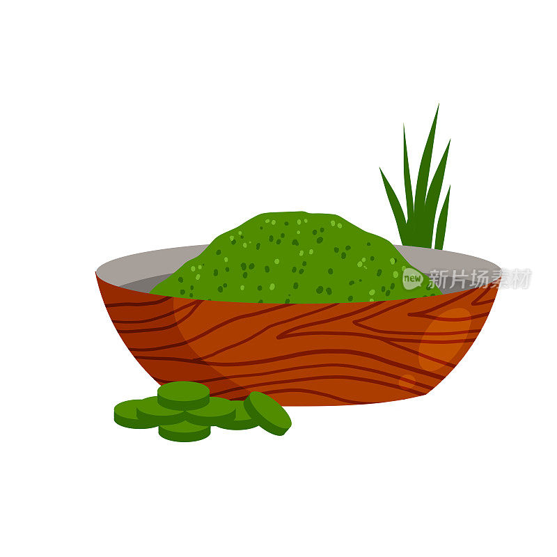 螺旋藻在碗里。盘子里有绿色的海藻。粉状健康食品。对烹饪原料。平的卡通