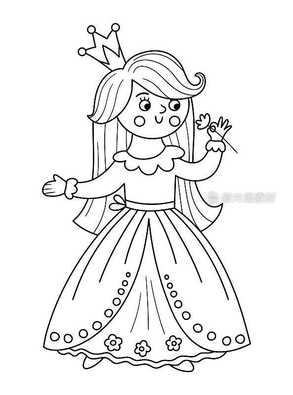 童话故事黑白向量公主闻花。幻想线女孩在皇冠。中世纪童话少女涂色页。具有可爱性格的少女卡通魔法图标。