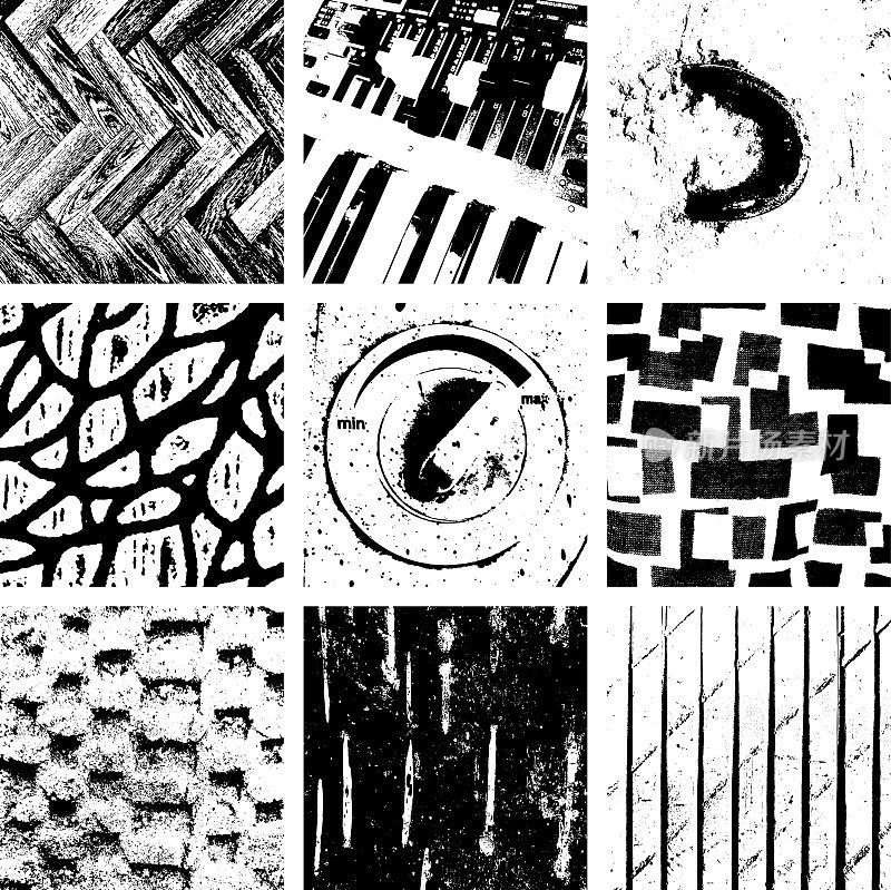 木石纺织沙自然钢琴垃圾纹理设置。黑色灰尘Scratchy图案收集。抽象的背景。矢量设计作品。变形的效果。裂缝。