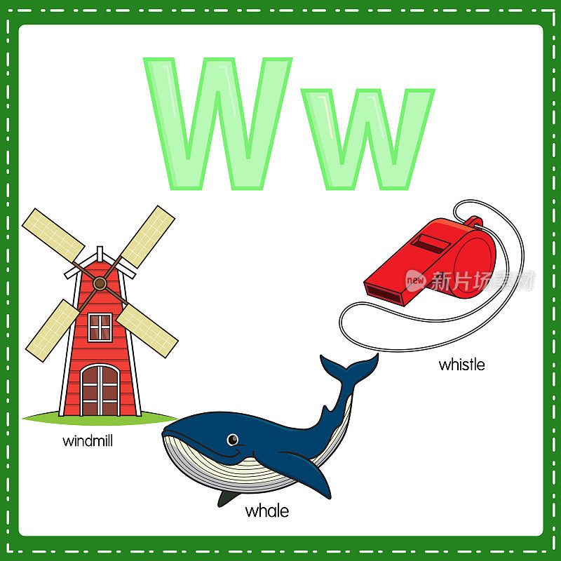 向量插图学习字母W的小写和大写的儿童与3卡通图像。风车鲸鱼吹口哨。