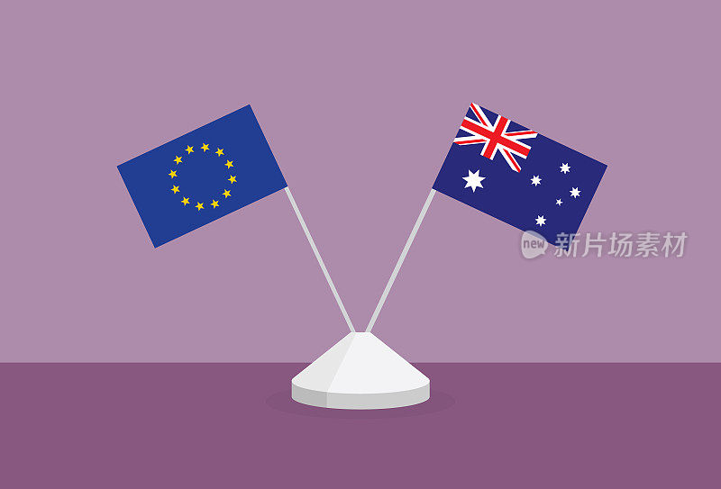 欧元和澳大利亚的国旗摆在桌面上
