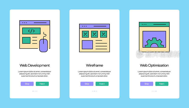 搜索引擎优化概念Onboarding移动应用程序页面屏幕与平面图标。UI设计模板矢量插图