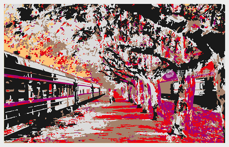 矢量颜色雕刻风格的火车站景观插图背景，浦口站，南京市-江苏省，中国