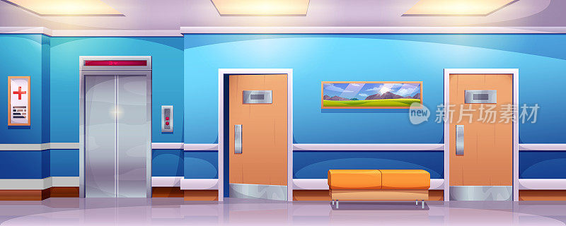 卡通医院走廊内部设有电梯、沙发和病房门
