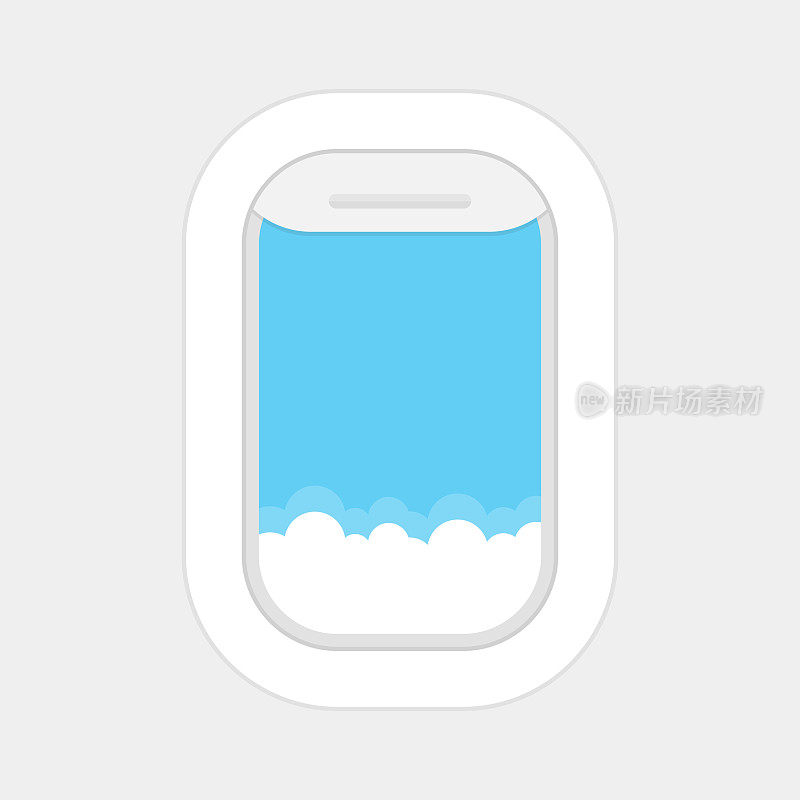 飞机，飞机窗外有多云蓝天。旅游或旅游概念。矢量插图。
