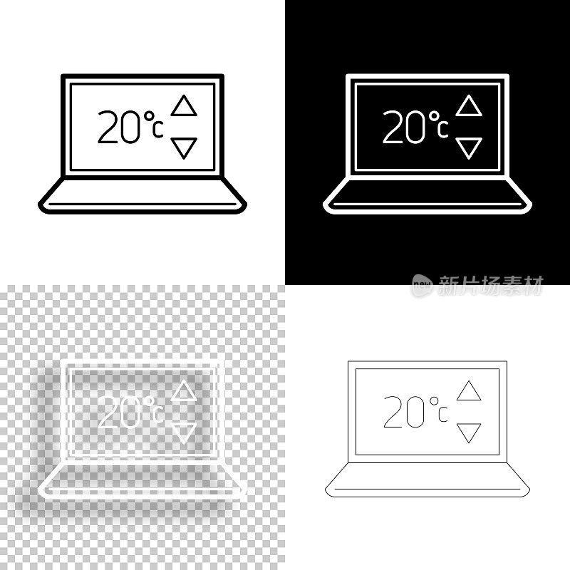 带加热控制的笔记本电脑。图标设计。空白，白色和黑色背景-线图标