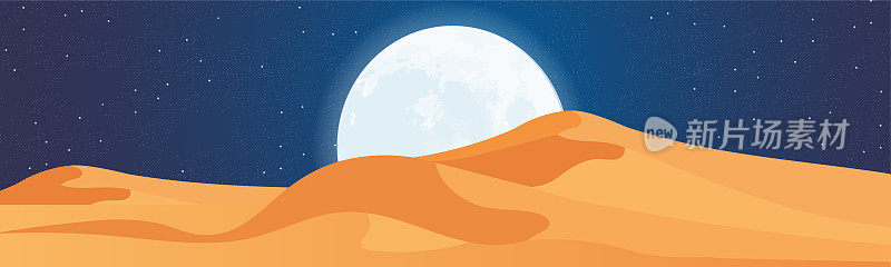 夜间沙漠的全景图。大月亮下的热沙