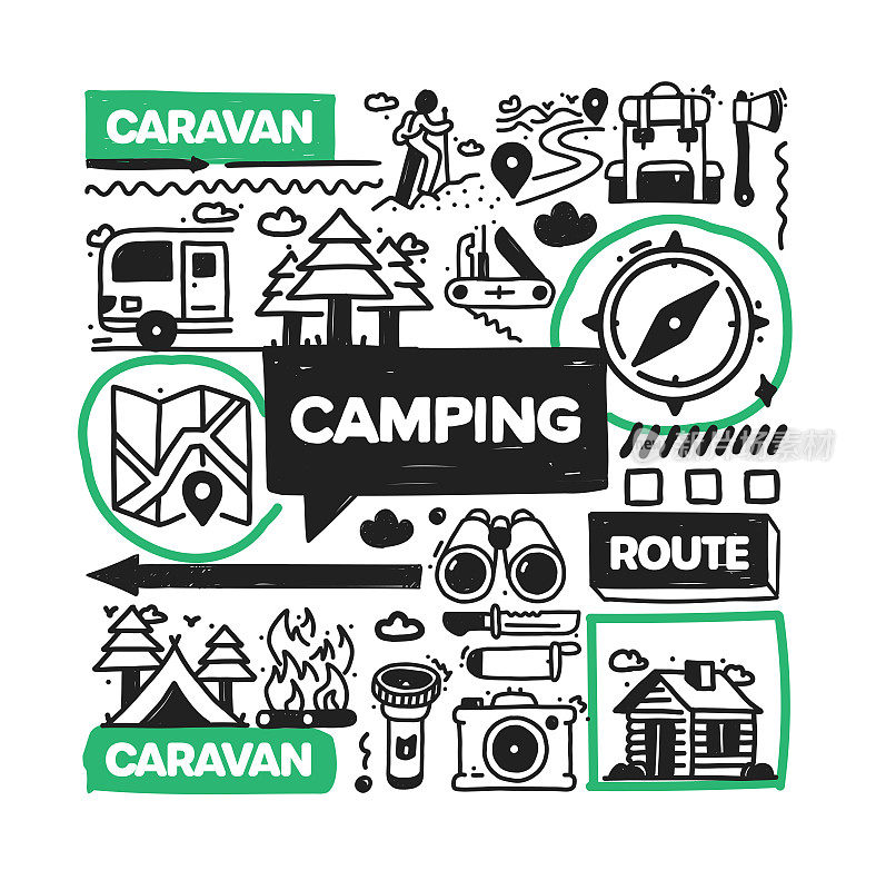 宿营对象和元素。矢量涂鸦插图收集。手绘图标集或横幅模板