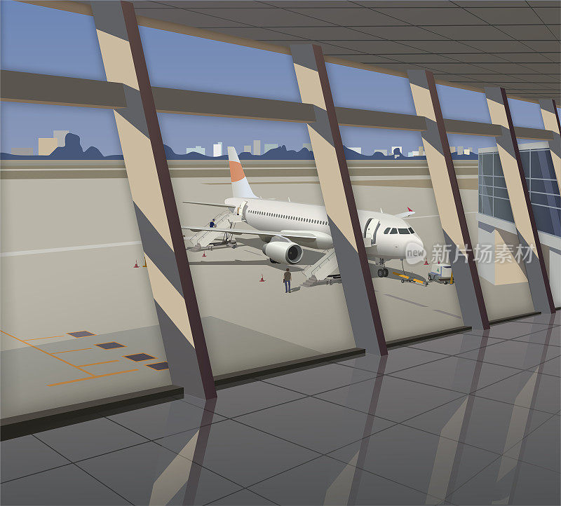 机场航站楼，飞机和跑道的视图。向量。
