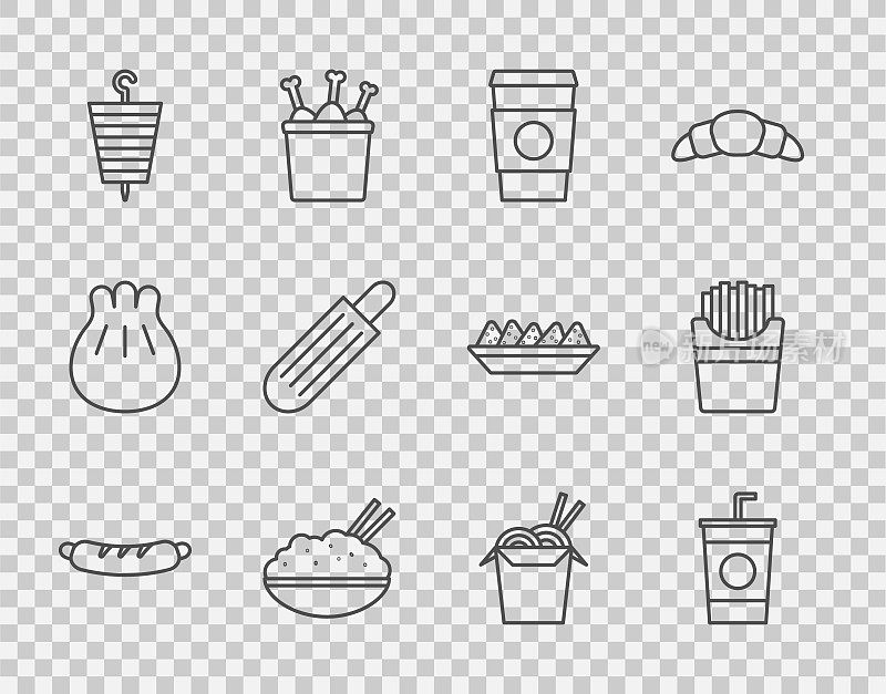 热狗三明治，带吸管的纸杯，咖啡杯，米饭在碗筷子，烤羊肉串，法国热，亚洲面条筷子和土豆薯条盒图标。向量