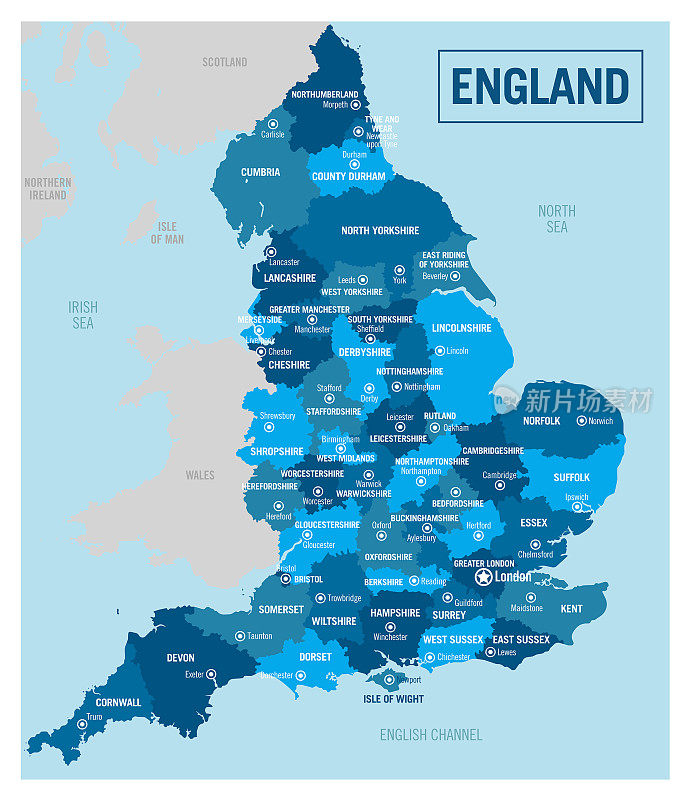 英国国家地区政治地图。高详细的矢量插图与孤立的省份，部门，地区，县，城市和州容易取消分组。