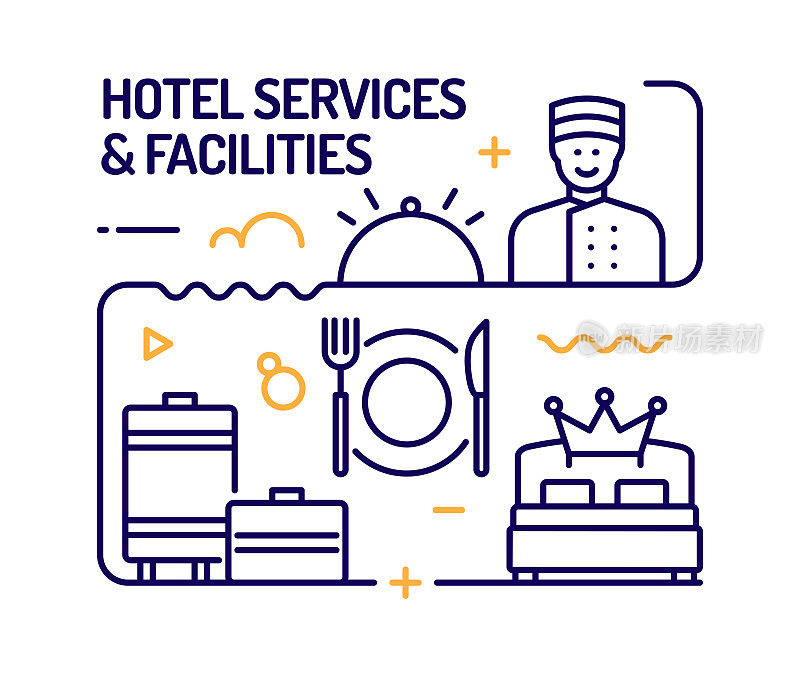 酒店服务和设施概念，线风格矢量插图