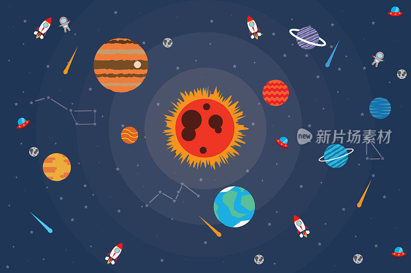 空间矢量背景宇航员，火箭，宇宙飞船，太阳，月亮，不明飞行物，行星和恒星。