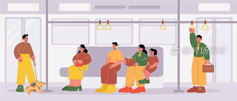 人们在地铁列车车厢内部，乘客