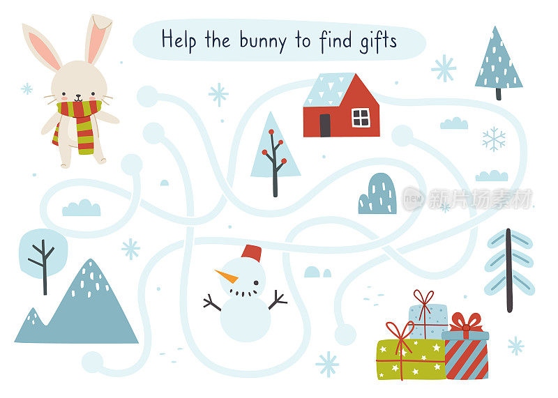 迷你圣诞迷宫游戏的孩子。冬季迷宫和可爱的兔子给孩子们。