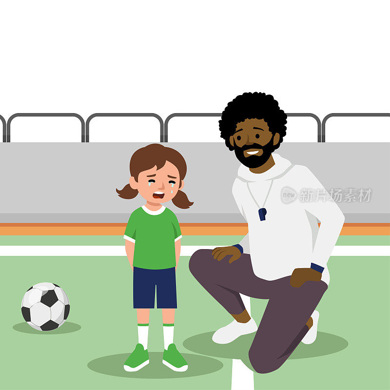 体育教练男子在足球场上欢呼一个哭泣的孩子平矢量插图