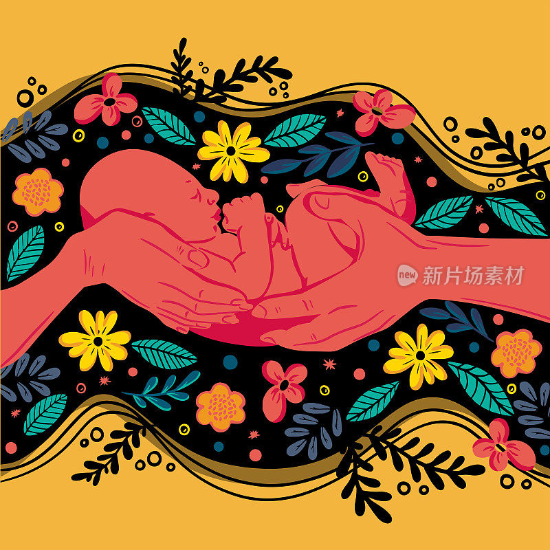 妈妈和爸爸的手抱着一个刚出生的婴儿在插花。为人父母、新生儿、新生儿、母亲和父亲的概念。阖家欢乐，新生活。