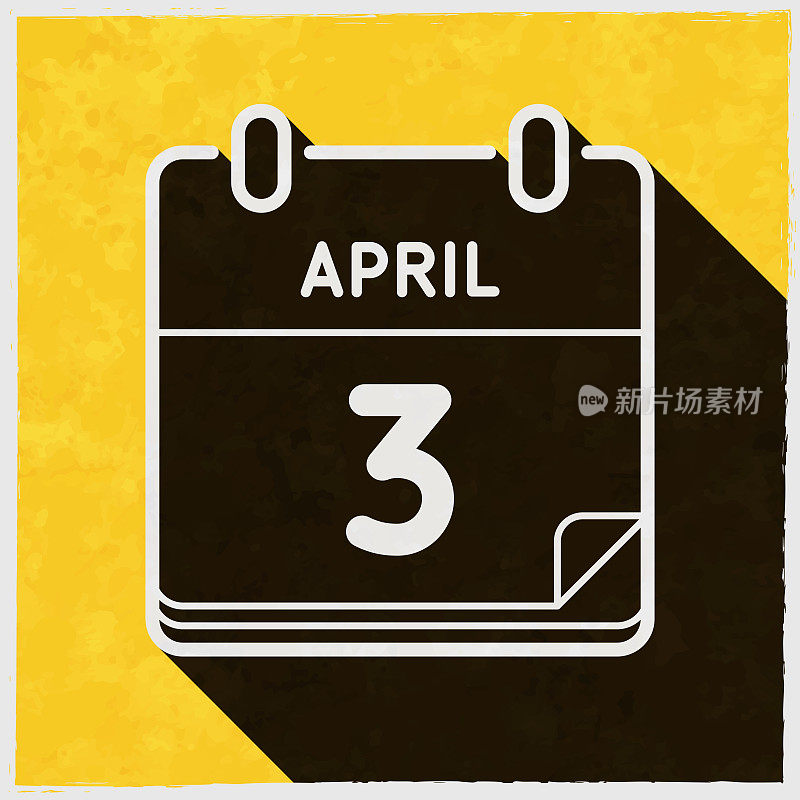 4月3日。图标与长阴影的纹理黄色背景