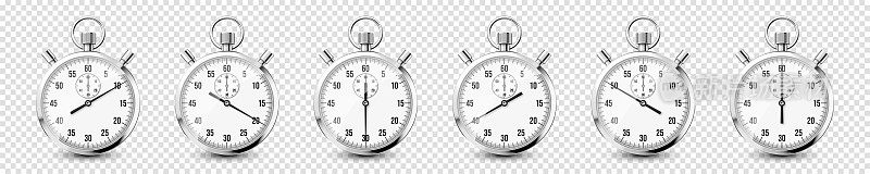 现实的经典秒表图标。闪亮的金属天文钟，带表盘的计时计数器。显示分和秒的倒计时计时器。测量运动开始和结束的时间。矢量图