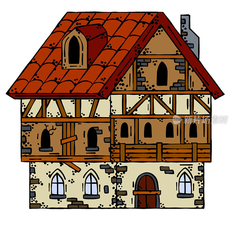 中世纪的房子。村庄建设。有烟囱的老房子。卡通复古的插图