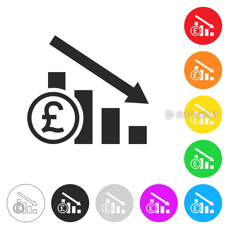 英镑汇率下降图表。彩色按钮上的图标