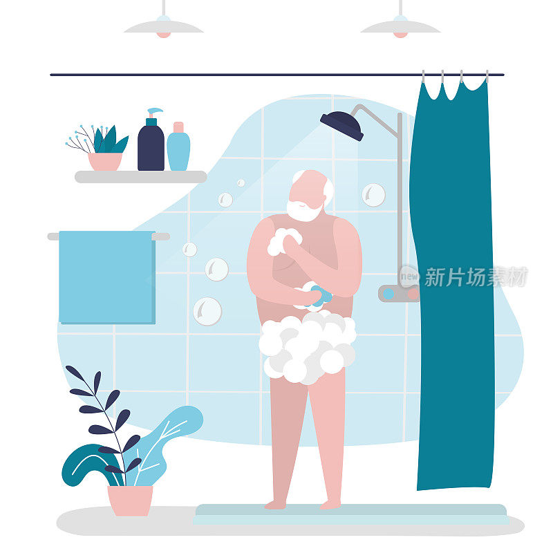爷爷用毛巾、沐浴露或肥皂洗脸。洗发水和护肤品的货架。老人在浴室用海绵洗脸。常规卫生程序。