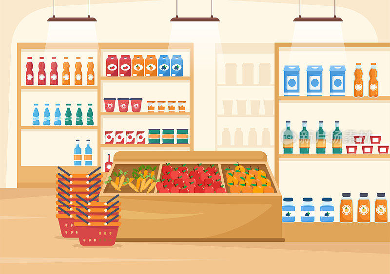 杂货店或超市的食品货架，货架乳制品，水果和饮料的购物平面卡通手绘模板插图
