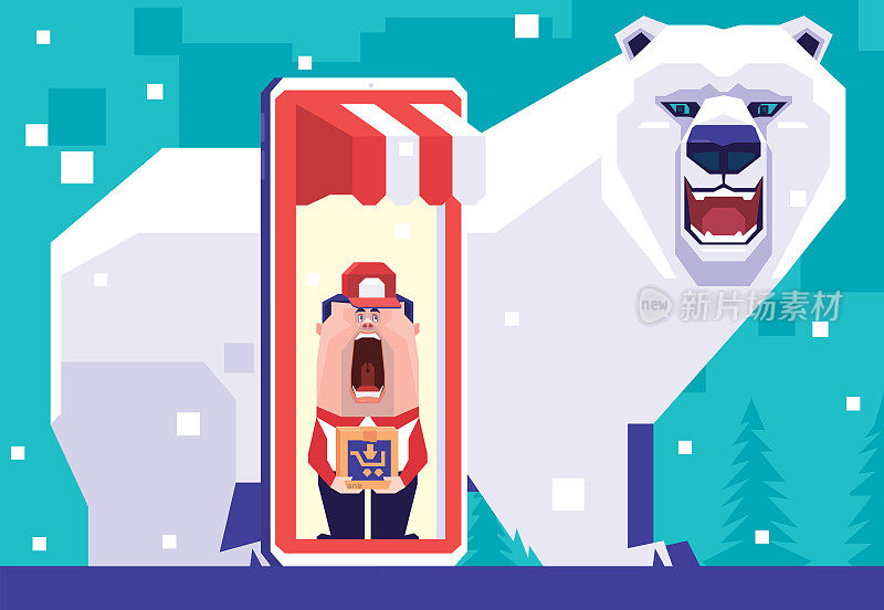 快递员站在智能手机上，遇到北极熊时尖叫