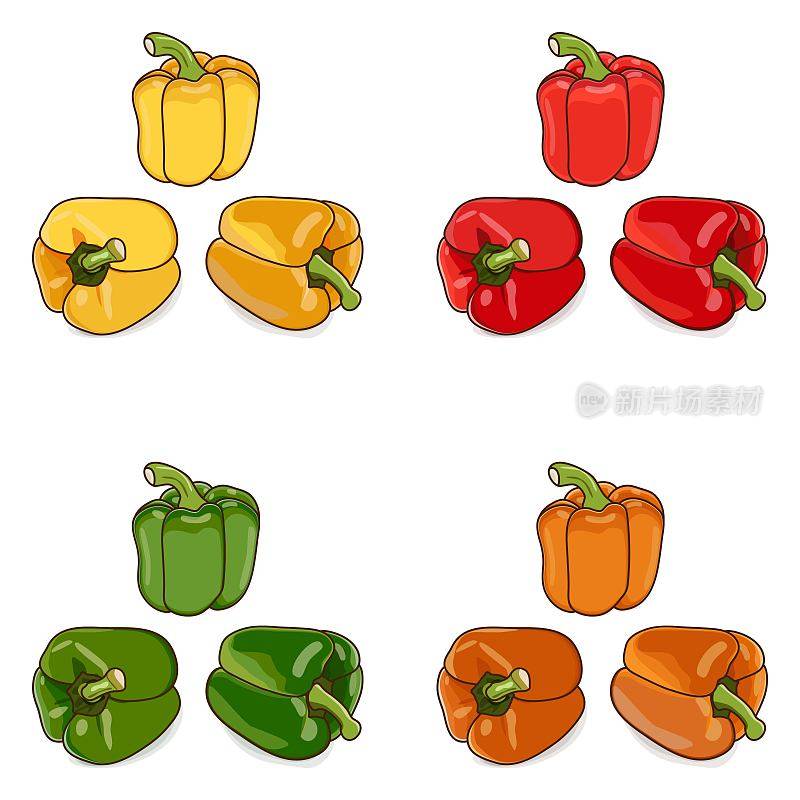 红色、绿色、黄色和橙色的灯笼椒用于横幅、传单、海报和社交媒体。甜椒，辣椒。蔬菜。卡通风格。矢量插图孤立在白色背景上。