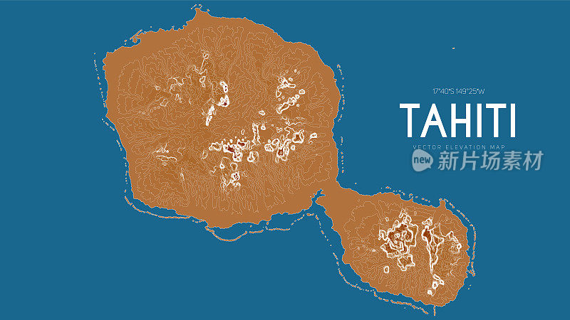 大溪地，社会群岛，法属波利尼西亚，太平洋的地形图。海岛矢量详细高程图。地理优美的山水轮廓海报。