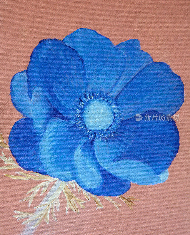 抽象的蓝色花朵在粉红色的背景手绘油画颜料在画布上