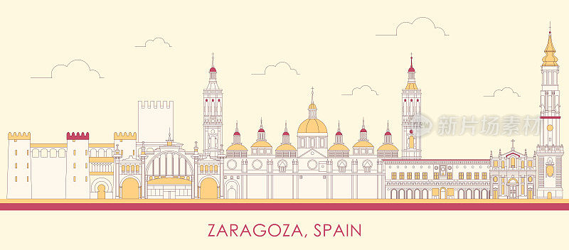 西班牙阿拉贡萨拉戈萨的卡通天际线全景图