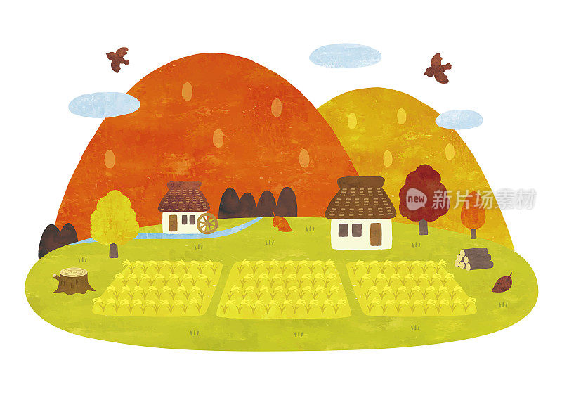 秋季水彩画中的日本乡村风光