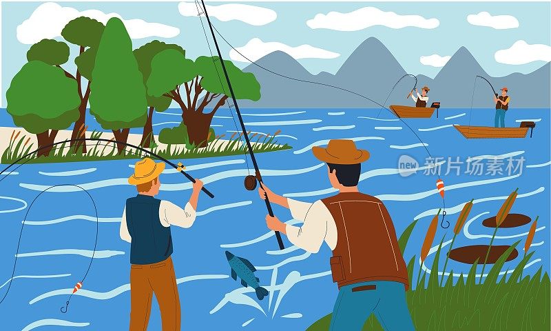 人们在河里钓鱼。男人们用鱼竿捕鱼。从岸上或船上钓鱼的人。风景优美的自然景观。湖的水。芦苇和森林树木。周末休闲。矢量图