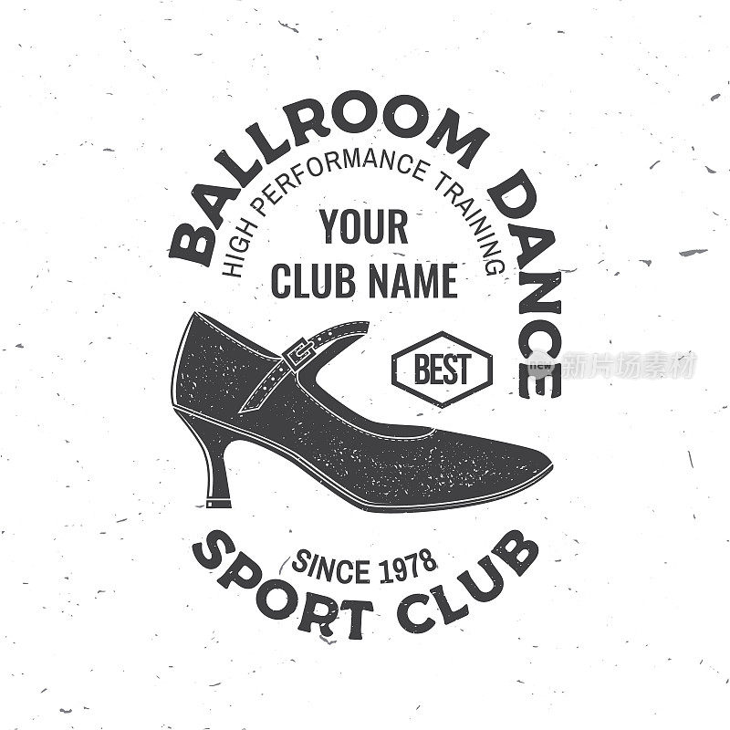 交际舞体育俱乐部标志、徽章设计。概念衬衫或标志，印刷，邮票或t恤。舞蹈运动贴纸与鞋子交际舞剪影。矢量插图。