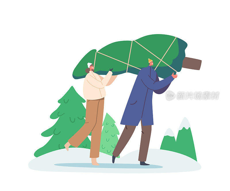 一对幸福的男女背着一棵枞树。人们圣诞高峰期，新年假期准备矢量插图