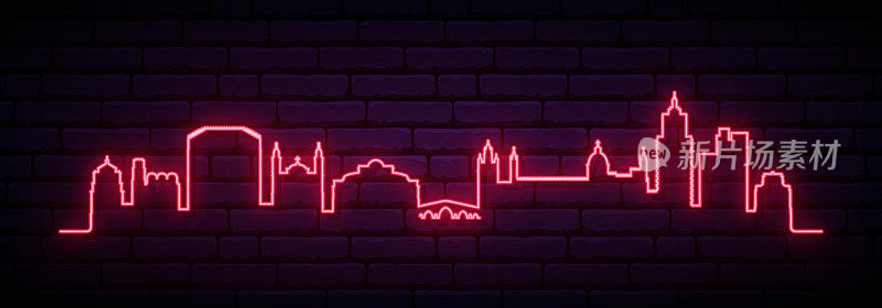 巴勒莫的红色霓虹天际线。巴勒莫城长旗璀璨。矢量插图。