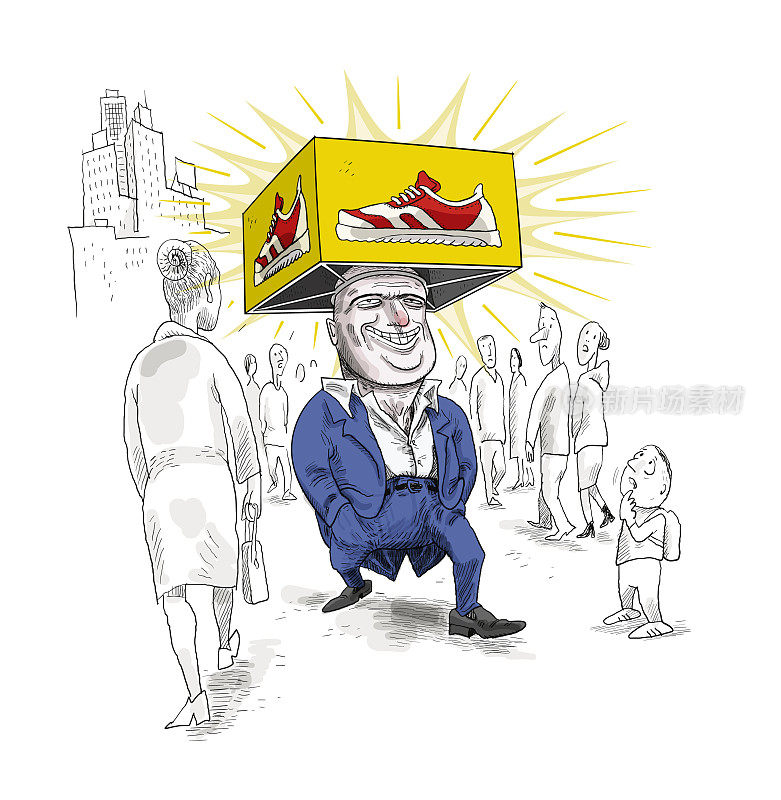 一个头上戴着鞋子广告牌子的男人走在街上