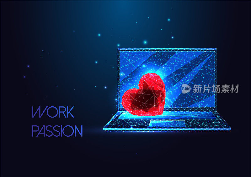 工作激情的概念，梦想的工作与笔记本电脑和红色的心在未来发光的蓝色风格