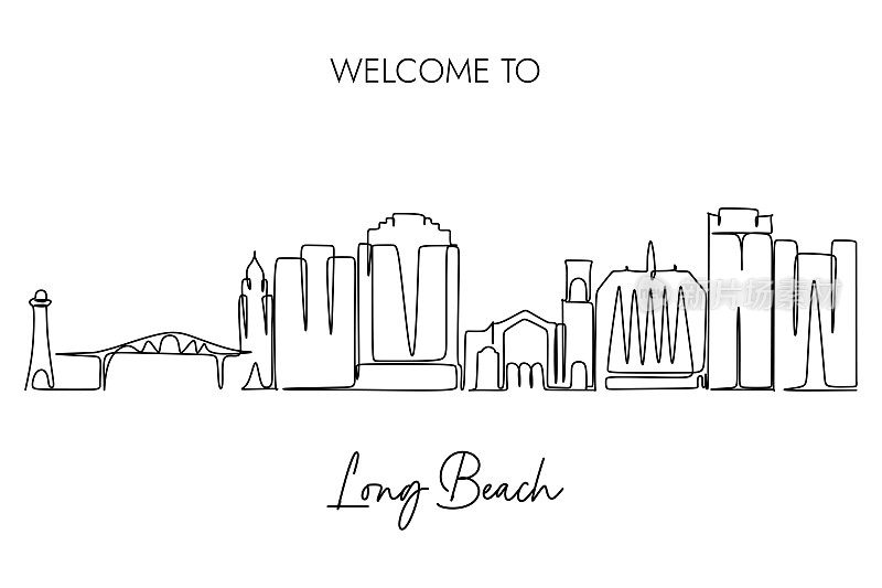 长滩城市天际线的连续线条。简单的线条艺术手绘风格的旅游宣传概念设计矢量插图