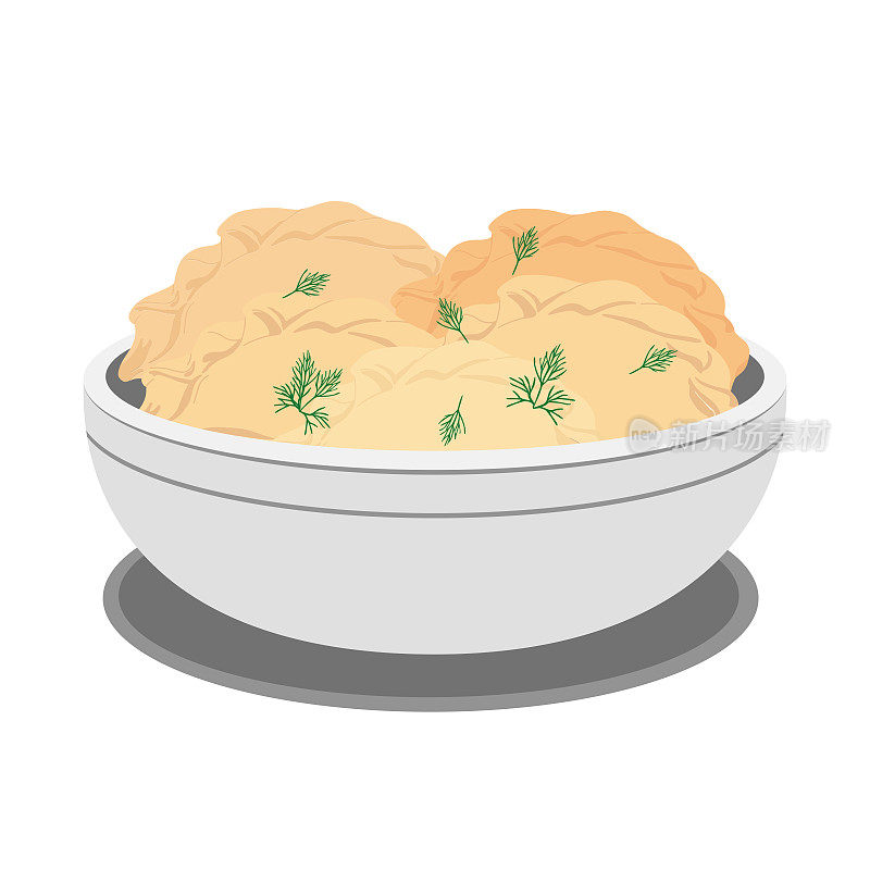 碗里的饺子图标，在白色背景上突出显示。平面风格的矢量插图