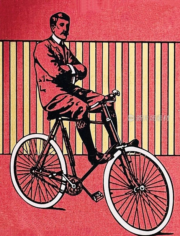 奇特的自行车，一个人坐在自行车上，双臂交叉，脚踩在轮胎上，红黄颜色