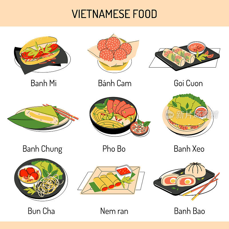 明亮的亚洲食物矢量插图。