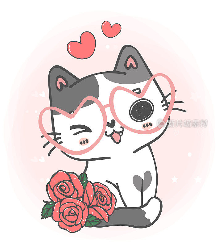 可爱甜美的情人节贺卡与虎纹小猫猫红玫瑰，可爱的动物涂鸦手绘插图矢量